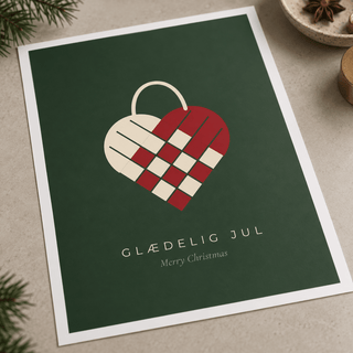 Close view of the Danish woven heart print showing the paper texture and lettering