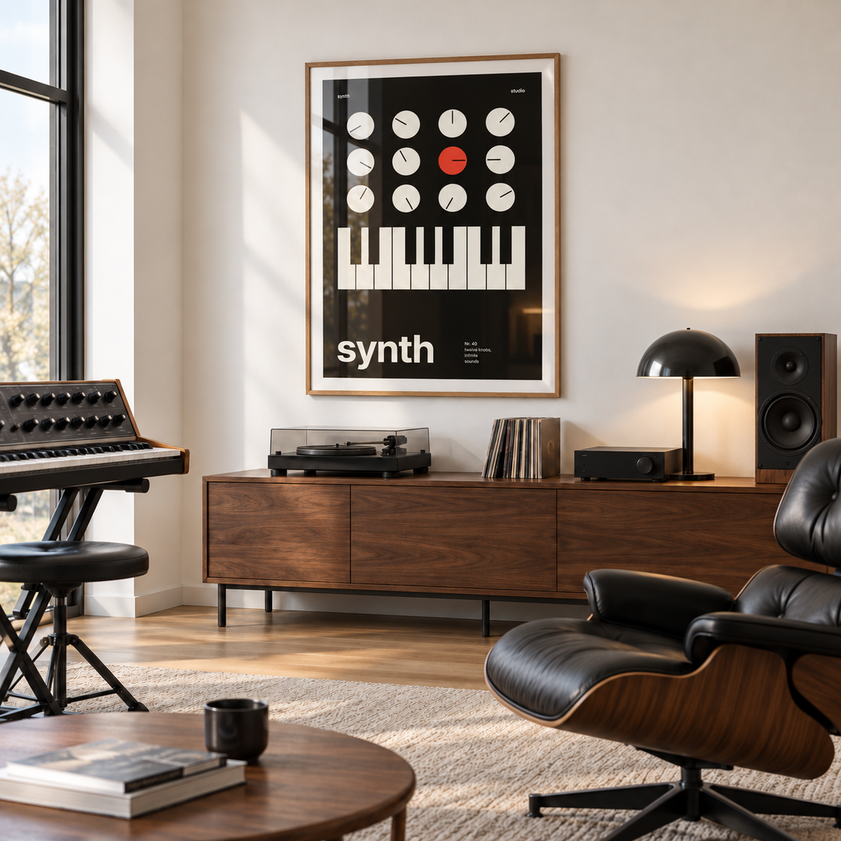 Black synth with one red knob print in a mid century living room