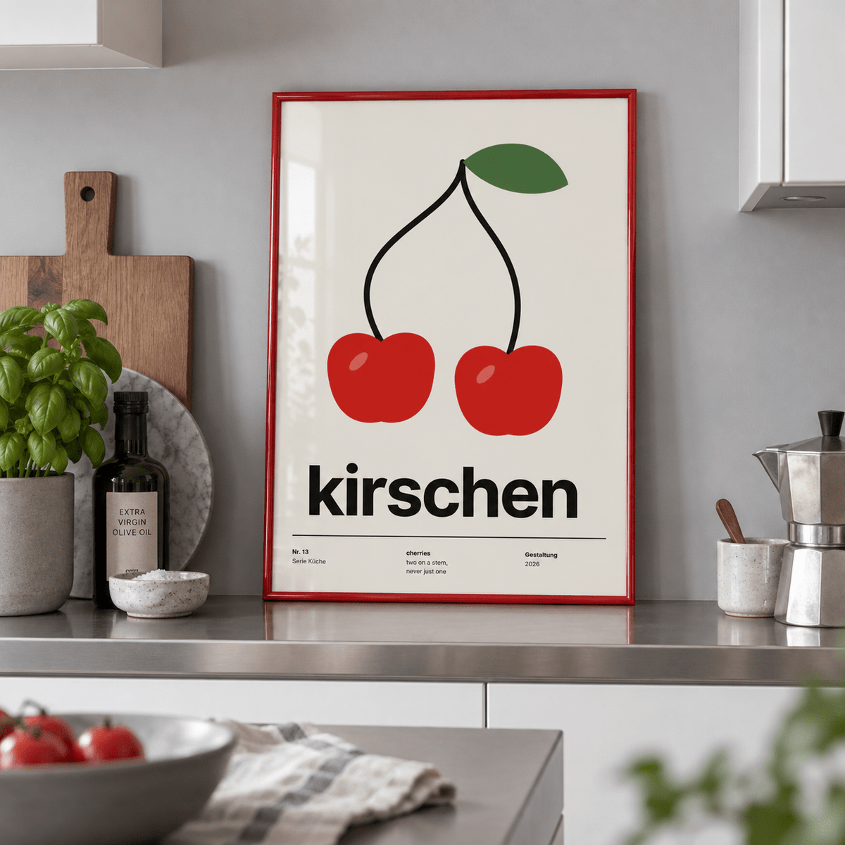 Cherries on joined stems print on a shelf in a kitchen against a grey wall