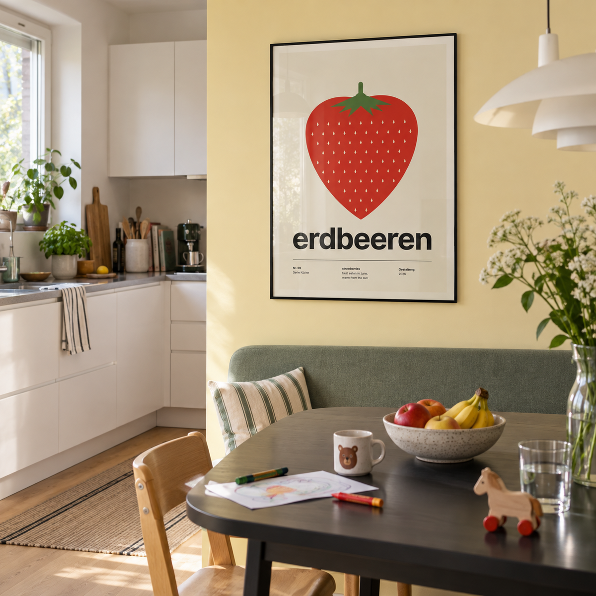 Red strawberry with leafy top print in a family kitchen against a yellow wall