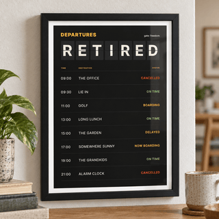 Close view of the black split flap board print showing the fine print detail