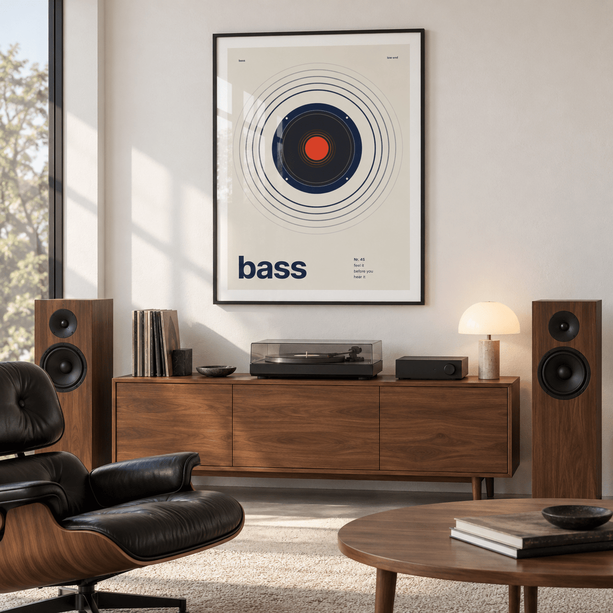 Navy speaker driver with red cap print in a mid century living room