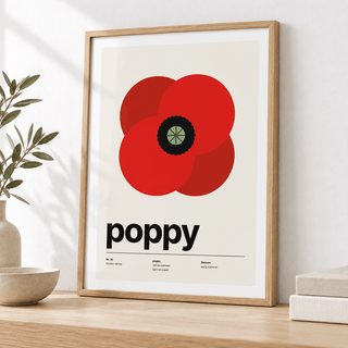 Close view of the single summer poppy from above showing the fine print detail