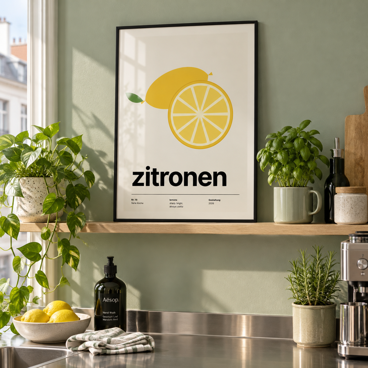 Yellow citrus slice print on a shelf in a kitchen against a sage wall
