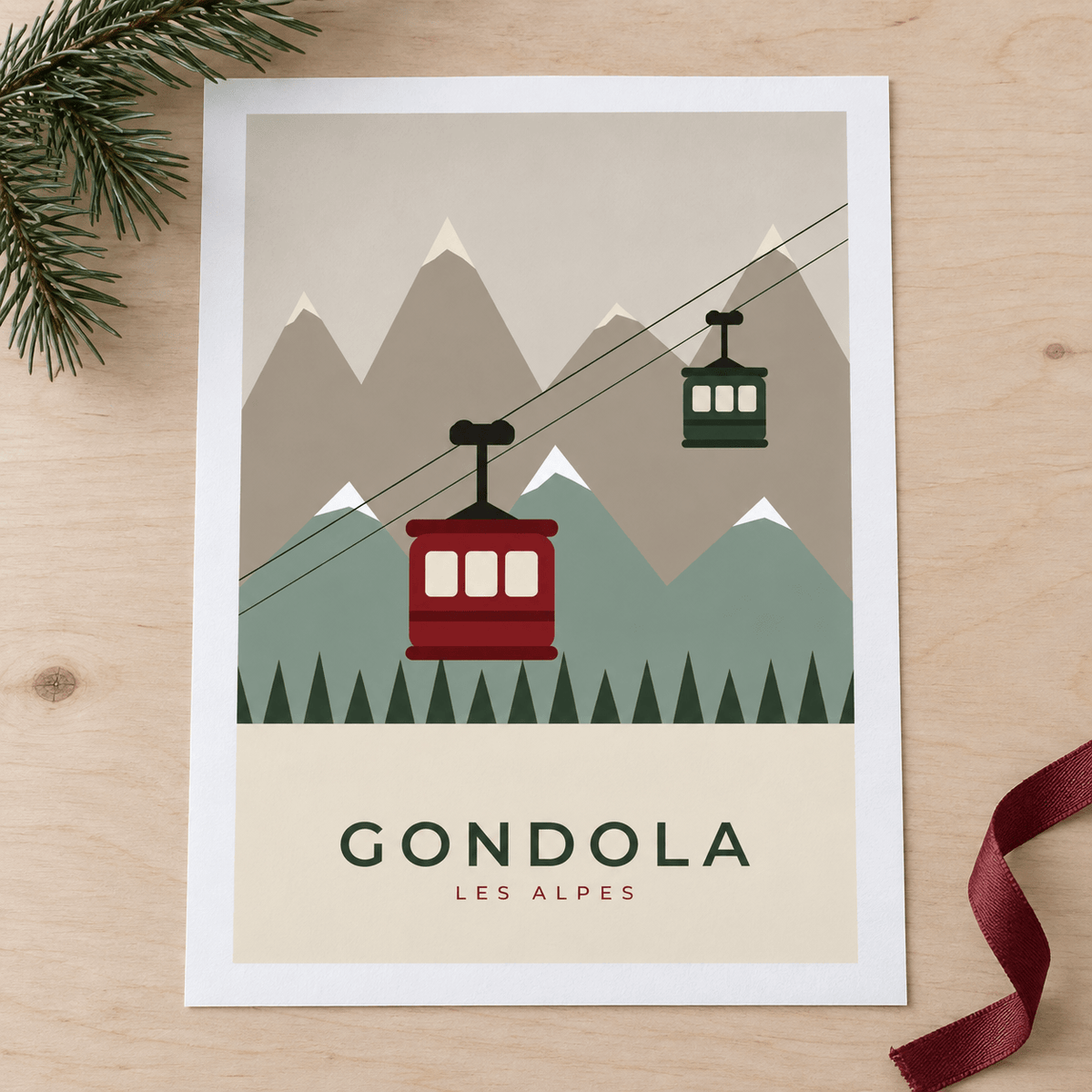 Close view of the retro cable car print showing the paper texture and lettering