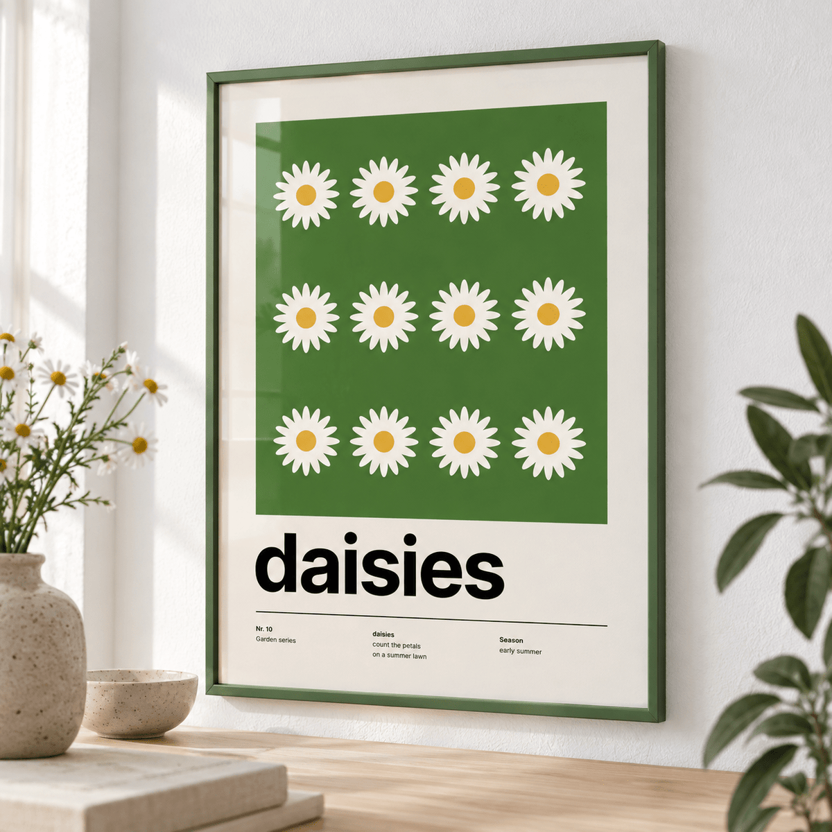 Close view of the twelve white daisies on a green lawn showing the fine print detail