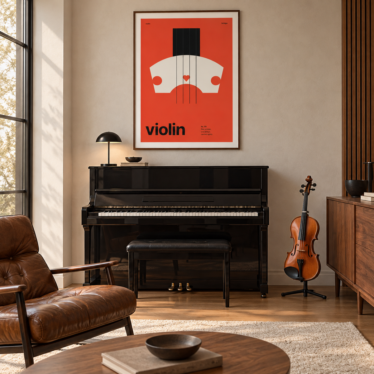 Cream violin bridge on red print in a mid century living room