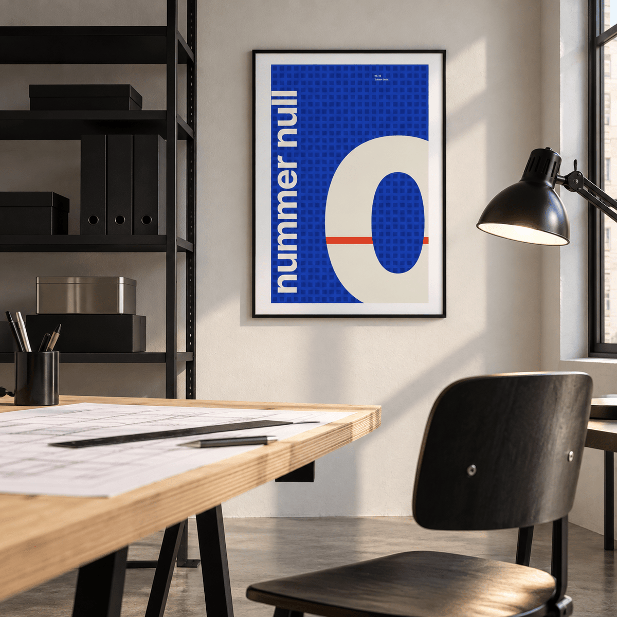 Number zero typography print in a home office against a charcoal wall