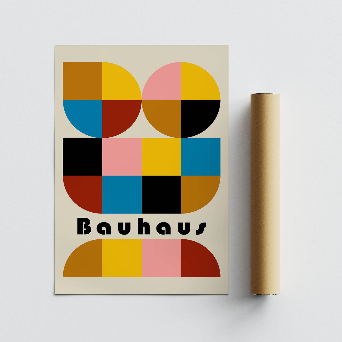 Rolled print with Colorful Geometric Wall Art showing bauhaus shapes in blue yellow pink black and red