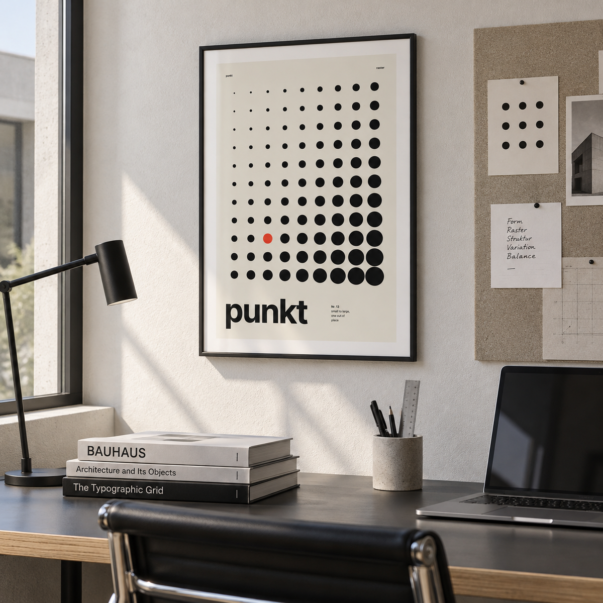 Black dots growing in size print in a bright home office