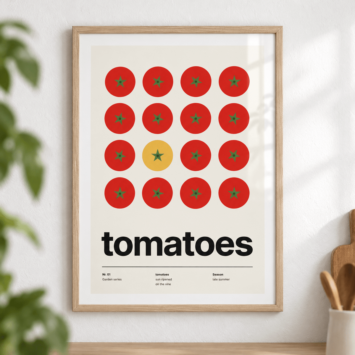Close view of the grid of red tomatoes from above showing the fine print detail