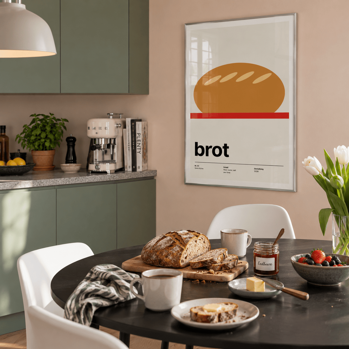 Swiss style bread kitchen print in a dining area against a sage wall