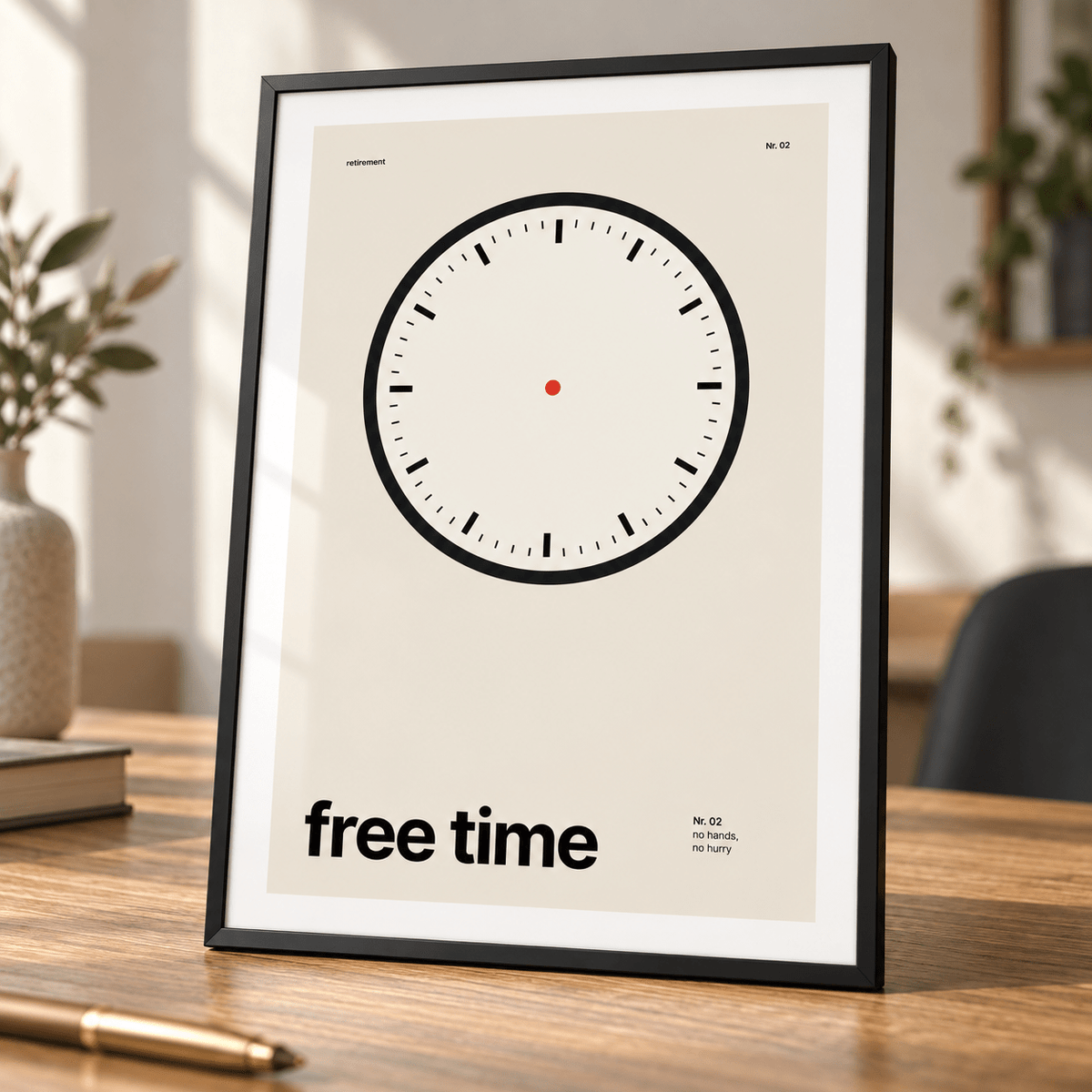 Close view of the Swiss style clock retirement print showing the fine print detail