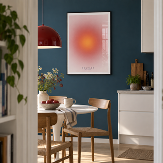 Warm coral halo gradient print in a dining kitchen against a petrol wall