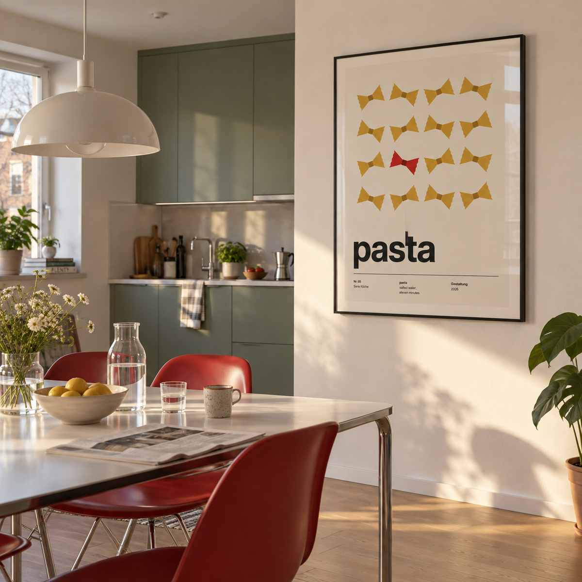 Yellow bow tie pasta print with one red in a dining kitchen against a sage wall