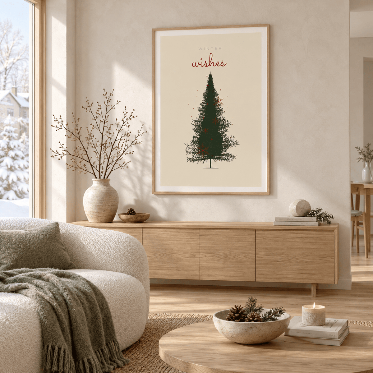 Drawn Christmas tree print on cream in a scandinavian living room at Christmas