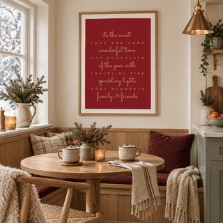 Festive red quote print in a winter kitchen nook at Christmas