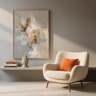 Abstract Neutral Art Print above a marble shelf with books and a decorative bust in a neutral-toned room