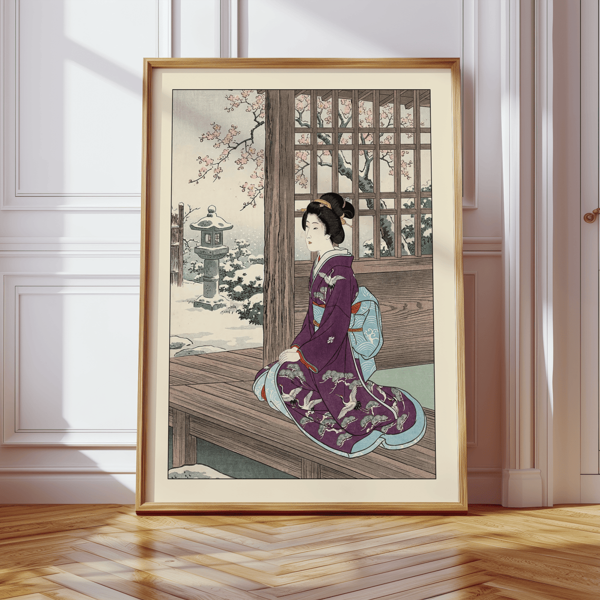 Framed Hasui Kawase Geisha Print showing a woman in a purple kimono beside a wooden lattice window