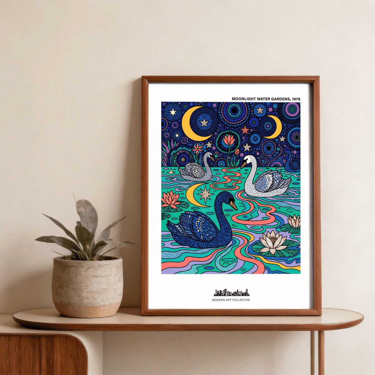 Swan Art Print framed close-up showing swans in a colourful water garden with stars and moons with a plant nearby