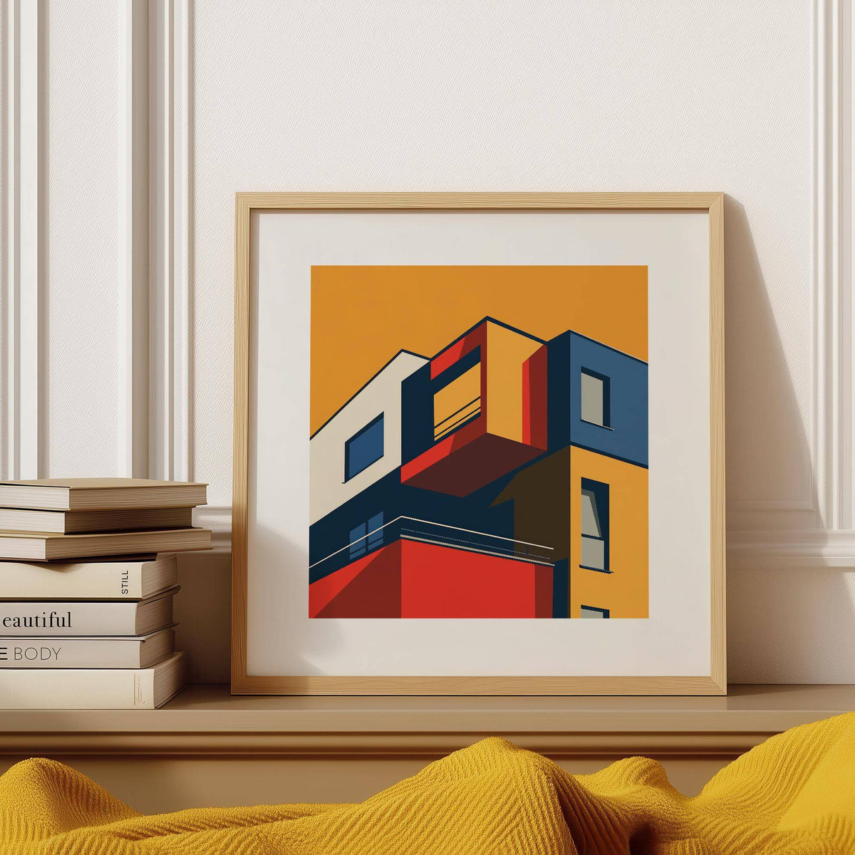 Posters for Office Space framed print of a modern building facade in bold minimalist colours with stacked books nearby