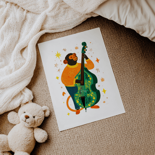 Musical Monkey Art Print of monkey playing green double bass on a carpet beside a teddy bear