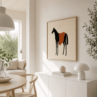 Horse Moon wall art of a black horse with an orange blanket in a neutral dining room with plants
