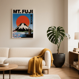 Mt Fuji wall art with a red sun and cherry blossoms above a cream sofa with a yellow throw