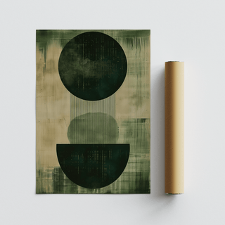 Green Wabi Sabi Print abstract geometric shapes with dark green and muted beige rolled up next to it