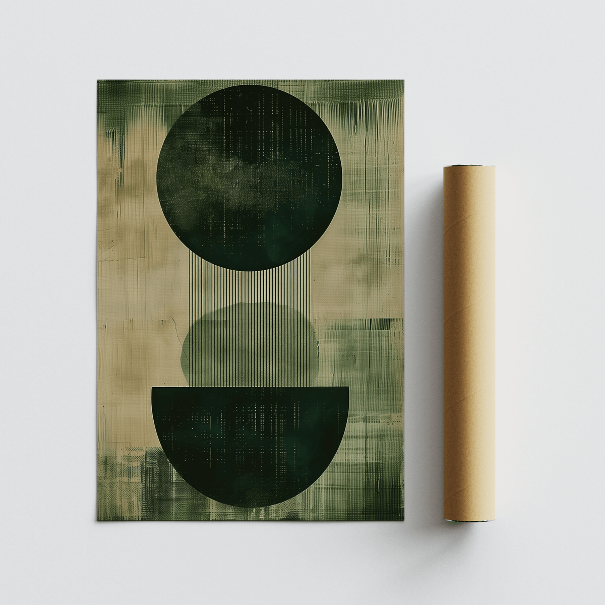 Green Wabi Sabi Print abstract geometric shapes with dark green and muted beige rolled up next to it
