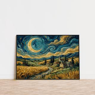 Impressionist home decor leaning print of a swirling night village in green and ochre tones on a wooden floor