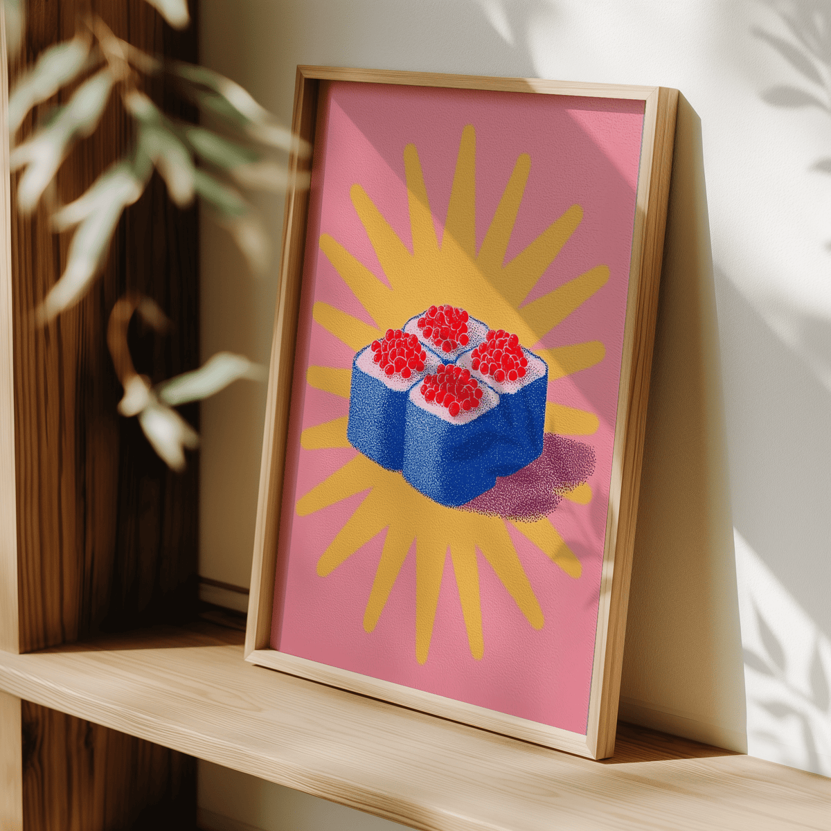 Framed close-up of Sushi Poster with blue sushi rolls and red roe on a pink and yellow background leaning on a wooden shelf