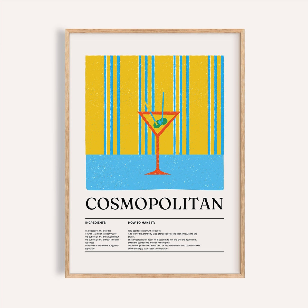 Art prints for the kitchen showing a minimalist cosmopolitan cocktail illustration with yellow and blue stripes