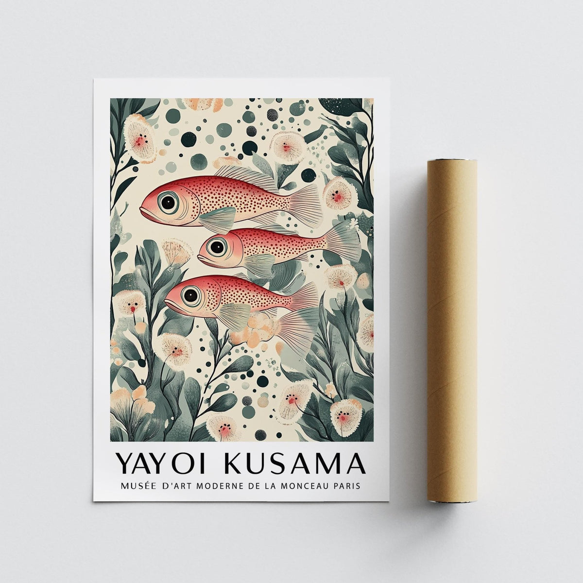 Red spotted fish artwork print lying flat beside a brown packaging tube