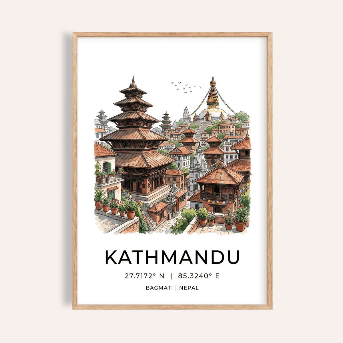 Framed Kathmandu art print showing temple buildings with earthy colours and plant pots
