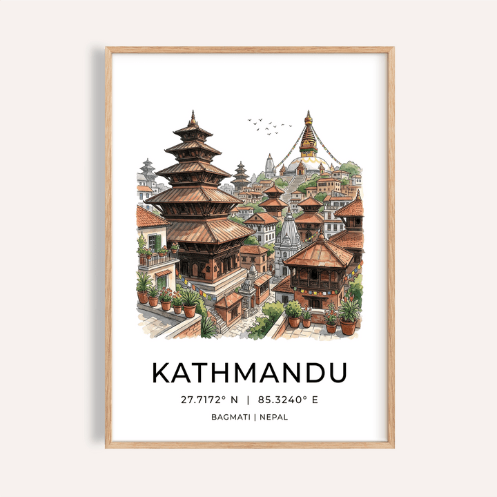 Framed Kathmandu art print showing temple buildings with earthy colours and plant pots