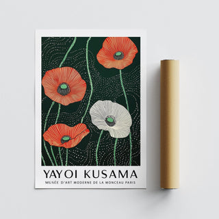 Extra Large Floral Wall Art print with red and white poppies and a dark green background next to a packaging tube