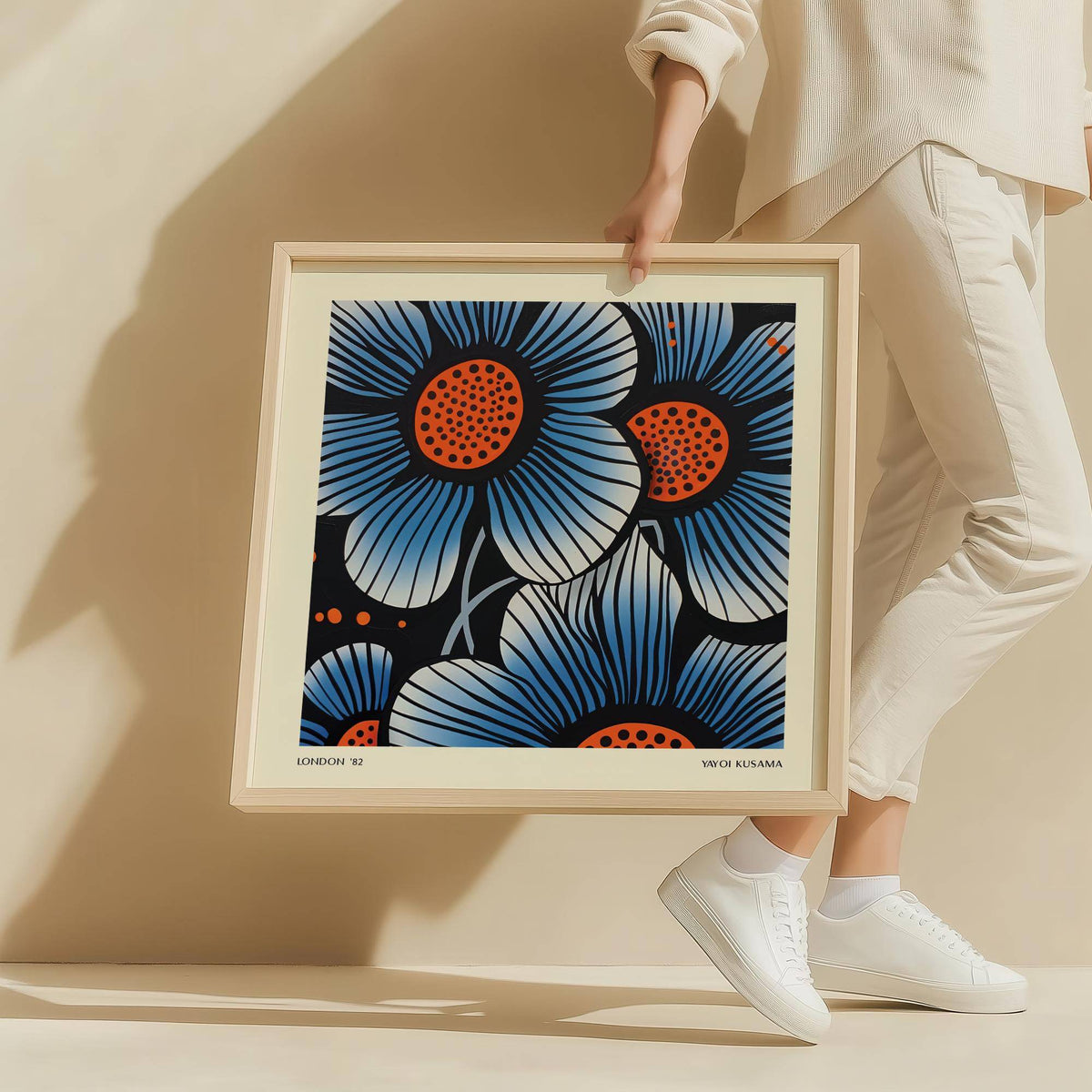 Blue Flower wall art held by a person showing bold blue and orange pop-art flowers