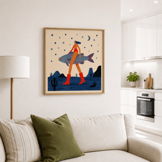 Surrealist Fish Art Print above a sofa showing a woman carrying a blue fish under stars in a cream and blue setting
