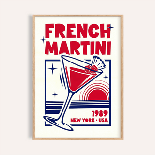 Framed French Martini Poster featuring retro red and blue cocktail illustration in a light wood frame