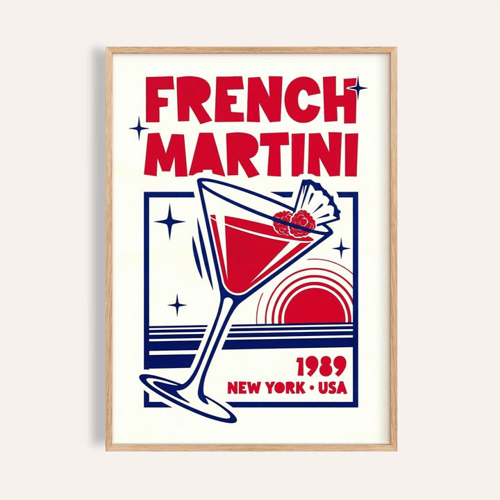 Framed French Martini Poster featuring retro red and blue cocktail illustration in a light wood frame
