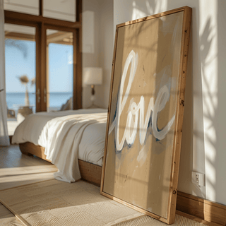 Love wall art leaning against a sunlit bedroom wall with a beige bedspread and wooden floor