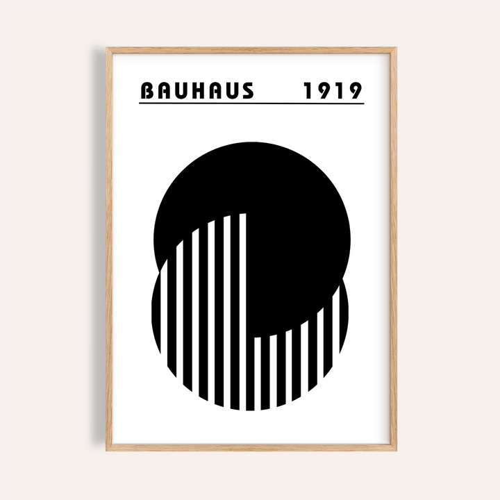 Framed Abstract Minimal Art poster with black circles and vertical stripes in wood frame