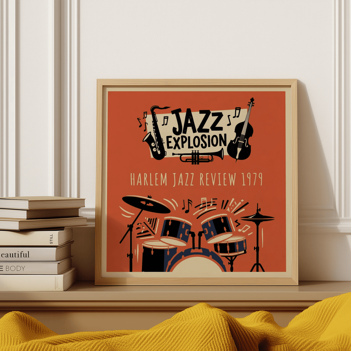 Framed Harlem Jazz Art print with retro jazz instruments and musical notes on a mantle