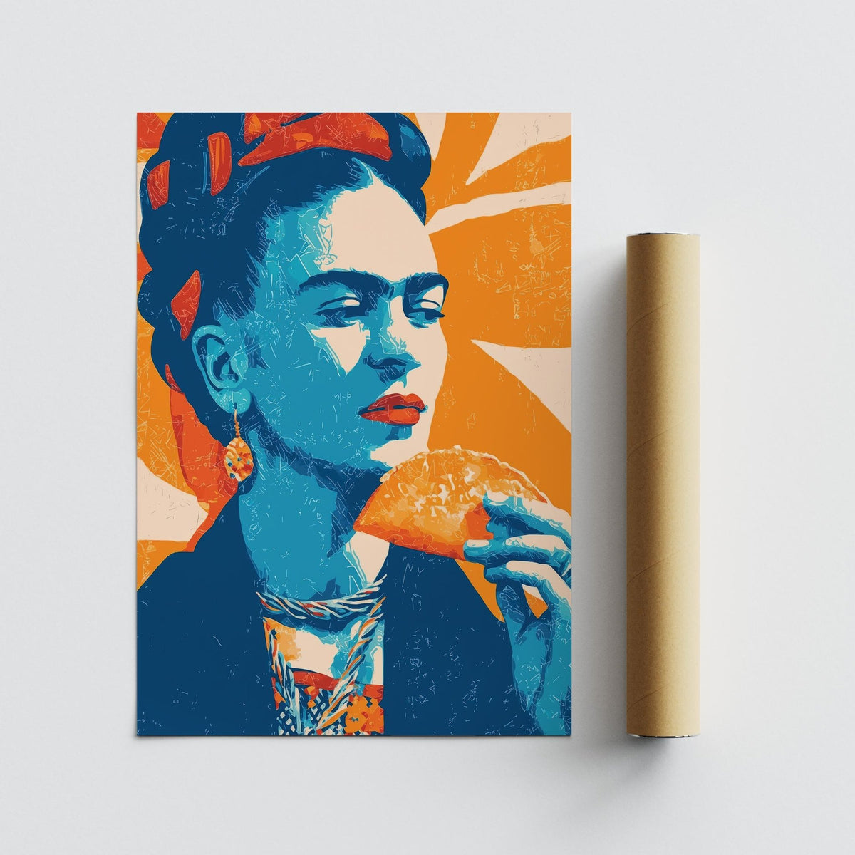 Taco print rolled with packaging tube showing blue and orange pop-art woman eating a taco