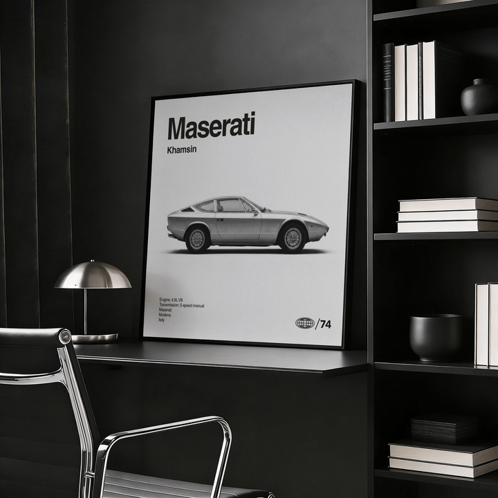 Classic 1970s Grand Tourer Poster leaning on a black desk with organiser and lamp nearby in an office