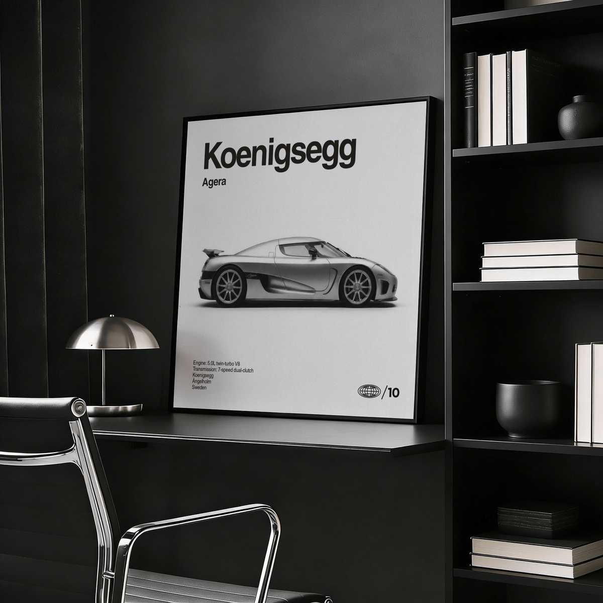 Swedish Hypercar Poster leaning on a black desk with a silver lamp in a dark room