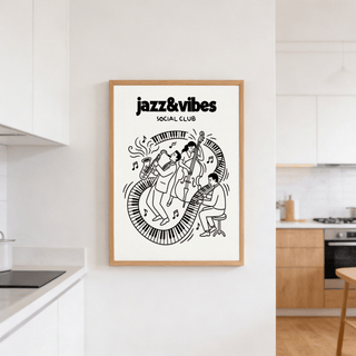 Jazz Music wall art of a minimalist black line-art jazz band framed in wood on a white kitchen wall