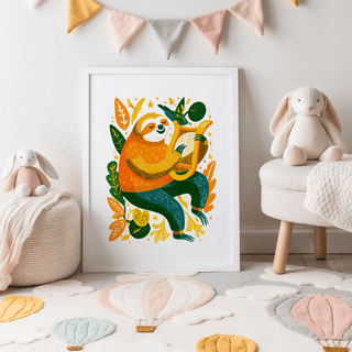 Sloth art print leaning on the floor with colourful leaves and musical theme in a child's room with toys