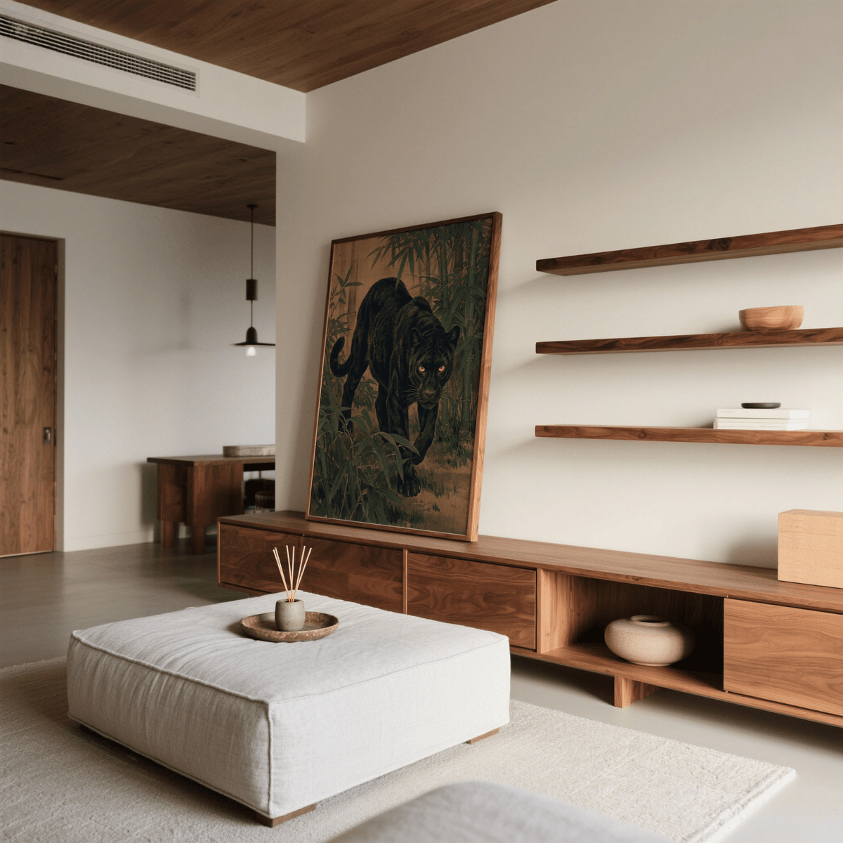 Bamboo Jungle Print leaning on a wooden media unit in a minimalist living room with wooden shelves